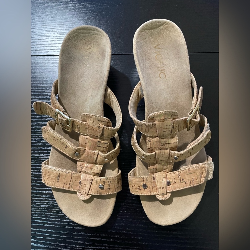 VIONIC RADIA CORK Wedge Sandals Slides Slip On Adjustable Straps Buckle Womens 7